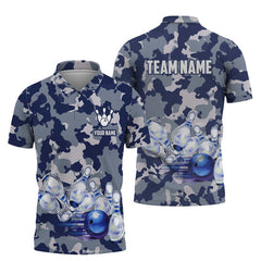 MaxCorners Bowling And Pins Navy Camo Pattern Customized Name, Team Name 3D Polo Shirt For Men