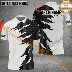 Maxcorners Golfs White Ball Skin Black American Flag Customized Name, Team Name 3D Polo Shirt
