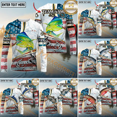 Maxcorners Saltwater Fishing USA Flag Dynamic Splash Personalized Name, Team Name 3D Long Sleeve Shirt