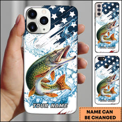 Maxcorners Pike Fishing Jumping Pike American Flag Splash Art Personalized Name Phone Case