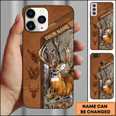 Maxcorners Hunting Phone Case Majestic Whitetail Deer Leather Pocket Style Forest Camo Personalized Name Phone Case | Grass Brown