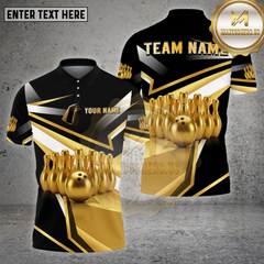 Maxcorners Bowling Shirt β Gold Bowling Pins & Ball Metallic 3D Design β Multi Options Personalized Name, Team Name 3D Shirt