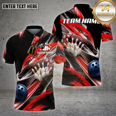 Maxcorners Bowling Shirt – Red Black Swirl Strike Pins & Ball 3D Motion Design – Personalized Name, Team Name 3D Shirt