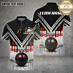 Maxcorners Bowling Shirt β Black White Red V-Stripe Strike Ball & Pins 3D Design β Multi Options Personalized Name, Team Name 3D Shirt