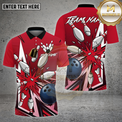Maxcorners Bowling Shirt β Red Comic Pop-Art Strike Pins & Ball Cartoon Style β Personalized Name, Team Name 3D Shirt