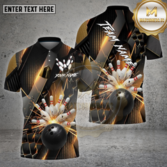 Maxcorners Bowling Shirt β Gold Metallic Pins & Ball Luxury Pattern 3D Design β Personalized Name, Team Name 3D Shirt