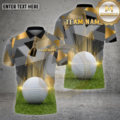 Maxcorners Golf Shirt β Modern Triangle Gold Gray Pattern with Realistic Golf Ball 3D Print β Custom Personalized Name, Team Name Polo