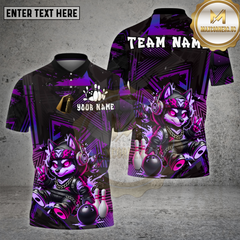 Maxcorners Bowling Shirt – Neon Cyber Wolf Cartoon with Bowling Pins & Ball – Multi Options Personalized Name, Team Name 3D Shirt