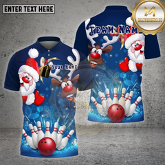 Maxcorners Bowling Shirt Santa Reindeer Bowling Pins Blue Christmas Theme Multi Options Personalized Name, Team Name 3D Shirt