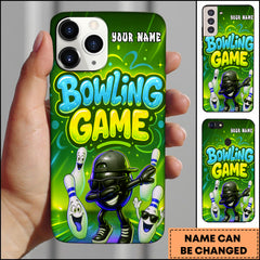 Maxcorners Bowling Phone Case Neon Bowling Ball And Pins Cartoon Party Style Personalized Name Phone Case | Green