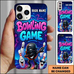 Maxcorners Bowling Phone Case Neon Bowling Ball And Pins Cartoon Party Style Personalized Name Phone Case | Blue