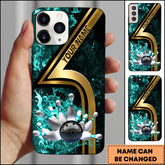 Maxcorners Bowling Phone Case Luxury Gold Number Five Bowling Strike Red Smoke Personalized Name Phone Case | Cyan