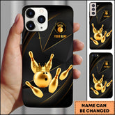 Maxcorners Bowling Phone Case Luxury Golden Crown Bowling Ball Minimal Black Design Personalized Name Phone Case