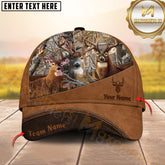 Maxcorners Deer Hunting Triple Deer Camo Forest & Brown Leather Layered Pattern Personalized Name 3D Cap (6 Colors)