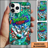 Maxcorners Bowling Phone Case Bowling Crew Graffiti Explosion Purple Neon Art Personalized Name Phone Case | Cyan