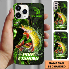 Maxcorners Pike Fishing Green Flame Splash Golden Line Personalized Name 3D Phone Case
