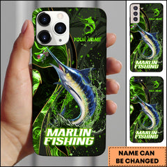 Maxcorners Marlin Fishing Green Flame Splash Golden Line Personalized Name 3D Phone Case