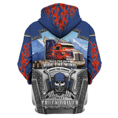 Maxcorners Blue & Red Fire Trucker 3D All Over Printed Hoodie, 3D Zipper Hoodie