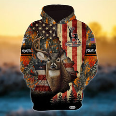 Maxcorners Personalized American Flag Deer Hunting Hoodies 3D