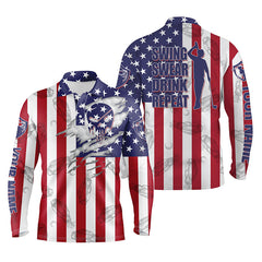 Max Corner American flag patriotic Mens golf polo shirt swing swear drink repeat custom golf skull clubs pattern