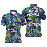 Max Corner Funny Mens golf polo shirt custom blue tropical flower Dinosaur golf shirts back nines matter