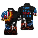 Max Corner American Flag Swing Swear Drink Repeat Golf Customized Name Polo Shirts, Flame Patriotic Golf Shirts For Men