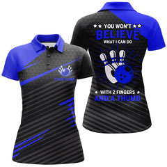 Maxcorners Ladies Blue & Black Bowling With 2 Fingers and A Thumb Premium Customized Name 3D Shirt For Women