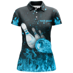 Maxcorners Strike Bowling Cyan Flames Personalized All Over Printed Shirt For Women