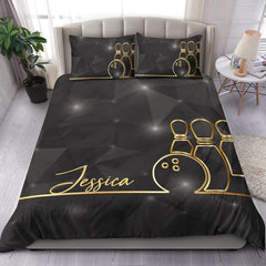 Maxcorners Bowling Pin Bowler Gold Line Player Personalized Name 3D Bedding Set