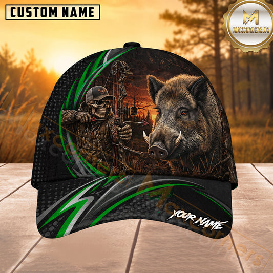 Maxcorners Hunting Green Stripe Skull Archer and Deer Sunset Design Personalized 3D Cap