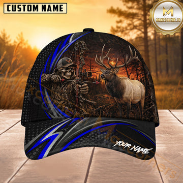 Maxcorners Hunting Blue Stripe Skull Archer and Deer Sunset Design Personalized 3D Cap