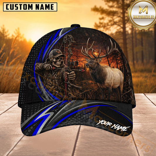 Maxcorners Hunting Blue Stripe Skull Archer and Deer Sunset Design Personalized 3D Cap