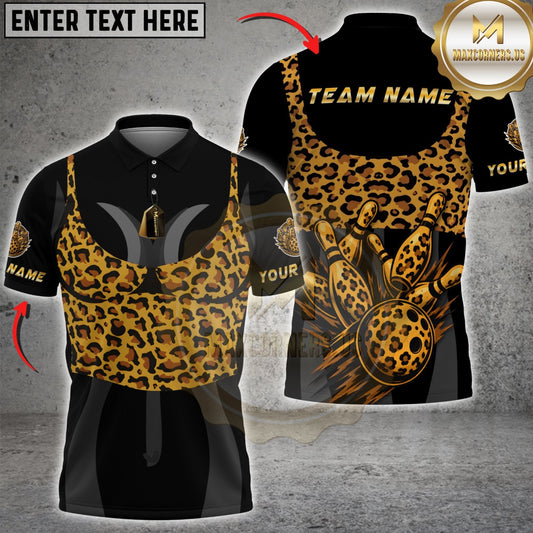 Maxcorners Bowling Leopard Print Bowling Ball & Pins Multicolor Customized Name, Team Name 3D Shirts
