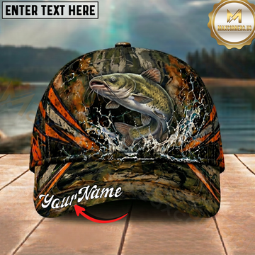 Maxcorners Fishing Woodland Camo Orange Stripe Personalized 3D Cap (12 Fish Species)