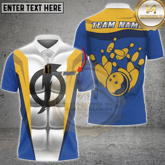 Maxcorners Bowling Blue Yellow Armor Bowling Ball And Pins Design Personalized Name 3D Unisex Shirt