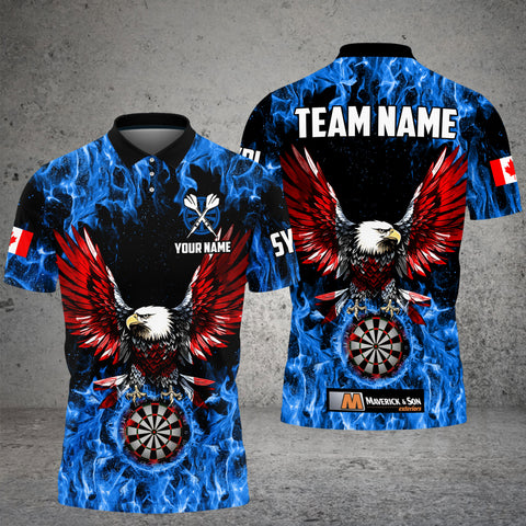 Maxcorners Blue Flaming Canada Flag Eagle Custom 3D Dart Shirts For Men And Women, Patriotic Darts Team Jersey For Paula