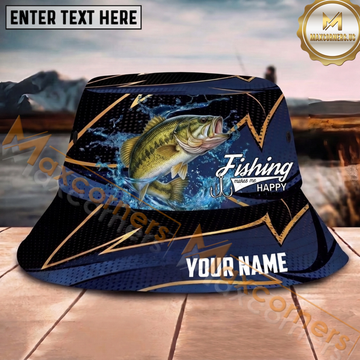 Maxcorners Fishing Navy Gold Wave Personalized Name 3D Bucket Hat (12 Fish Species)