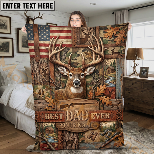 Maxcorners Best Dad Ever Deer Hunting Patchwork American Flag Personalized 3D Blanket