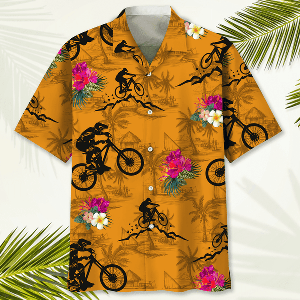 Maxcorner MOUNTAIN BIKE ORANGE TROPICAL HAWAIIAN SHIRT
