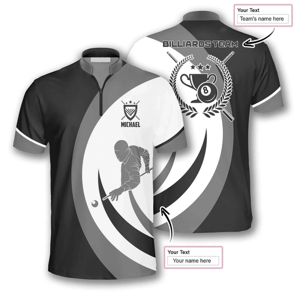 Maxcorners Black Grey Silhouette Billiard Custom Name Zipper Polo Shirt
