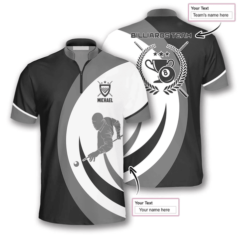 Maxcorners Black Grey Silhouette Billiard Custom Name Zipper Polo Shirt