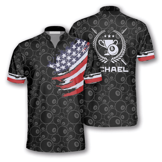 Maxcorners Ball 8 Pattern Trophy Emblem Billiard Custom Name Zipper Polo Shirt