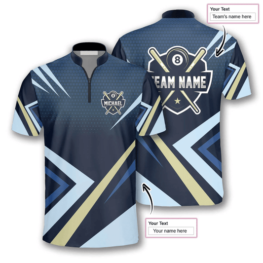 Maxcorners Blue Sports Style Billiard Custom Name Zipper Polo Shirt