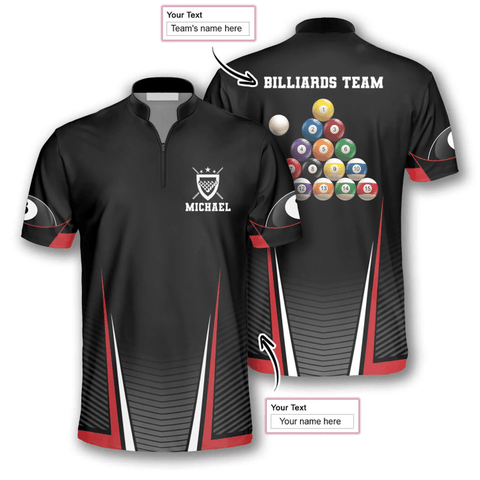 Maxcorners Billiard Balls Red Black Custom Name Zipper Polo Shirt