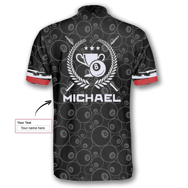 Maxcorners Ball 8 Pattern Trophy Emblem Billiard Custom Name Zipper Polo Shirt