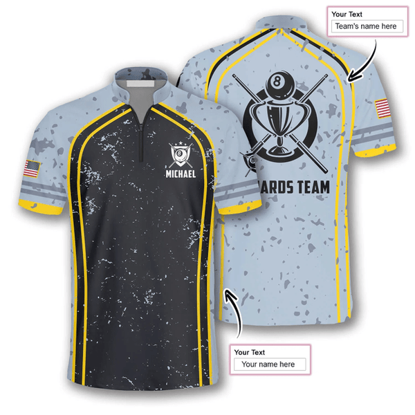 Maxcorners Grey Black Grunge Style Billiard Custom Name Zipper Polo Shirt