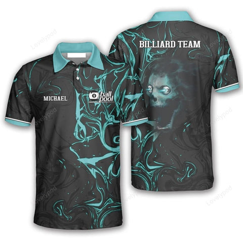 Maxcorners Cyan Paint Skull Custom 9 Ball Billiard 3D Shirt