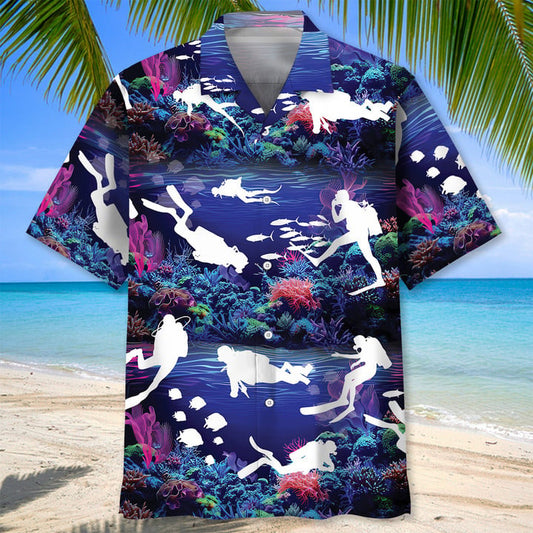 Maxcorners Scuba Diving With Neon Coral Ocean Colorful Hawaiian Shirt