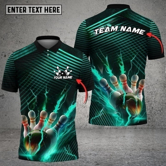 Maxcorners Bowling Ball & Pins Colorful Powerful Lightning Premium Multicolor Customized Name 3D Polo Shirt (4 Colors)
