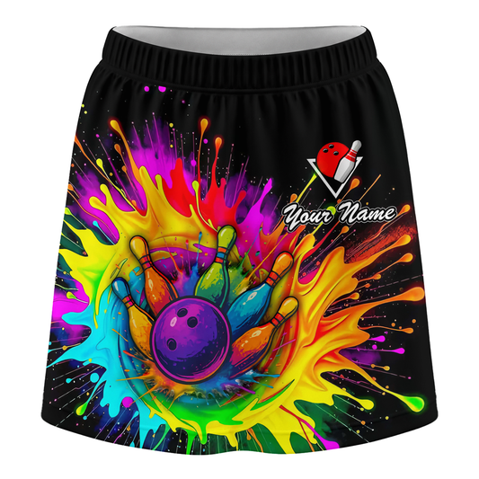 Maxcorners Customized Bowling Trouser Skirts With Shorts Underneath, Bowling Rainbow Bowling Blast Colorful Skorts With Pockets